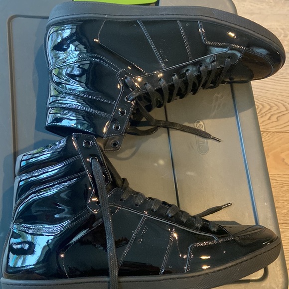 Saint Laurent black patent high top sneakers shoes size 46 ysl unique stylish - Picture 6 of 7